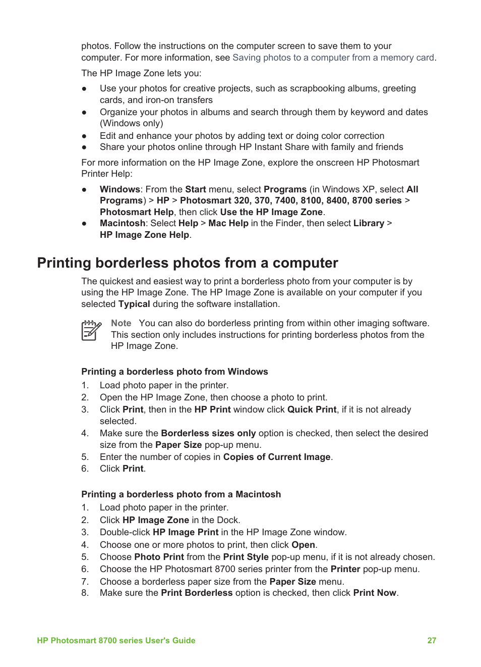 Printing borderless photos from a computer | HP Photosmart 8750 Professional Photo Printer User Manual | Page 31 / 83
