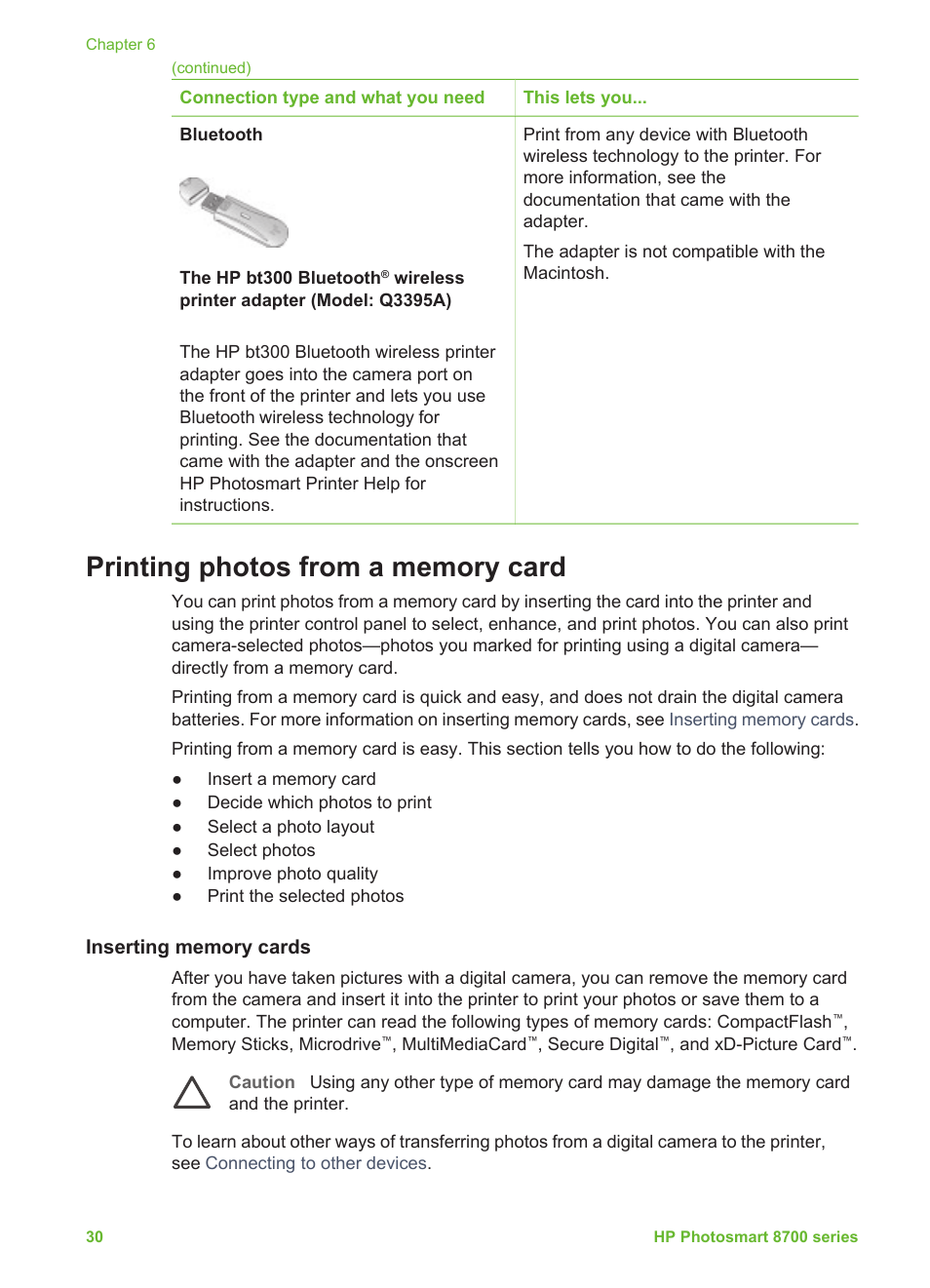 Printing photos from a memory card, Inserting memory cards, Supported file formats | Printing photos, From a memory card | HP Photosmart 8750 Professional Photo Printer User Manual | Page 34 / 83