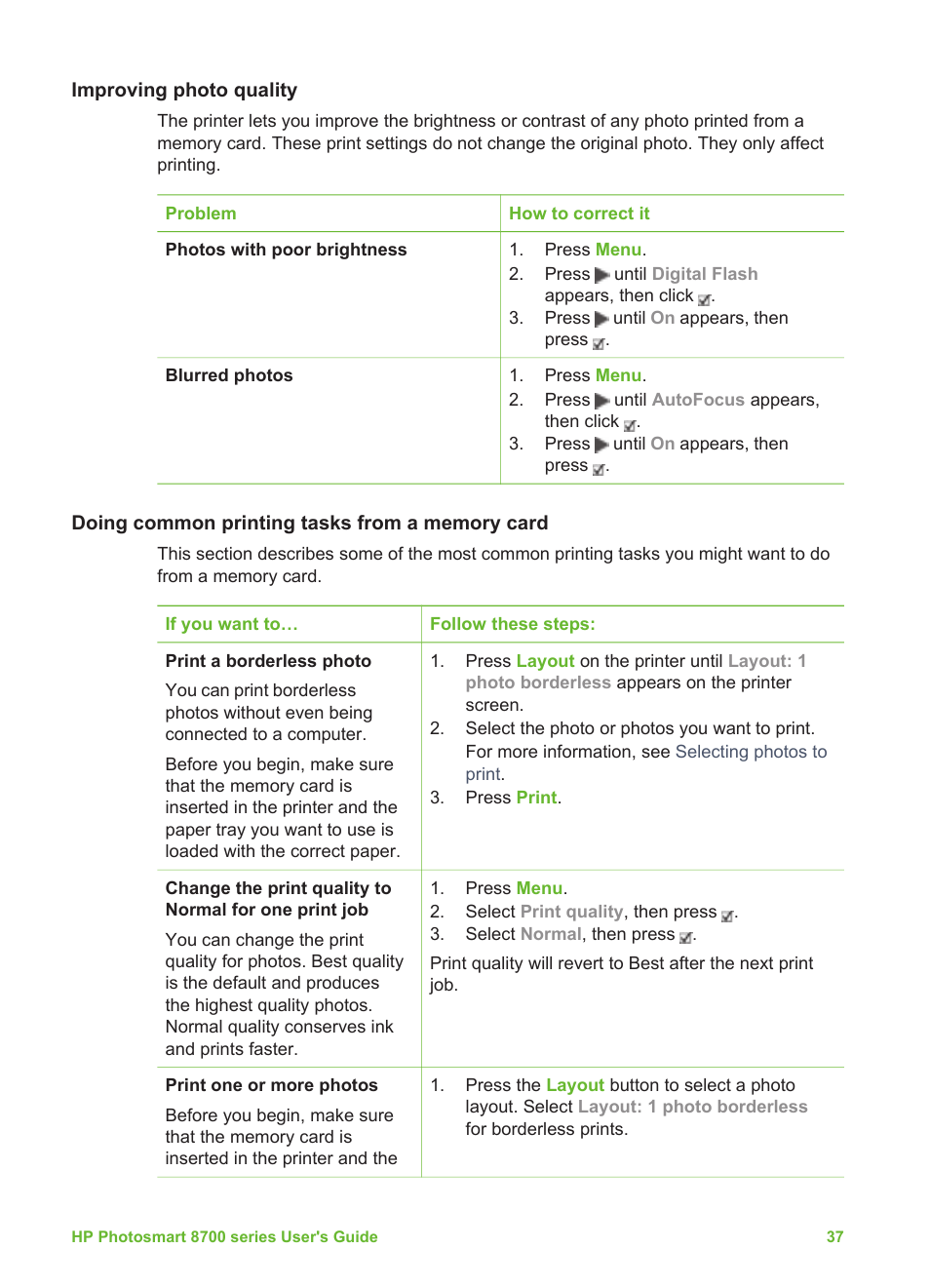 Improving photo quality, Doing common printing tasks from a memory card | HP Photosmart 8750 Professional Photo Printer User Manual | Page 41 / 83