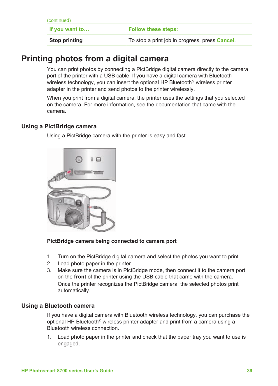 Printing photos from a digital camera, Using a pictbridge camera, Using a bluetooth camera | Using a pictbridge camera using a bluetooth camera, Printing, Photos from a digital camera | HP Photosmart 8750 Professional Photo Printer User Manual | Page 43 / 83