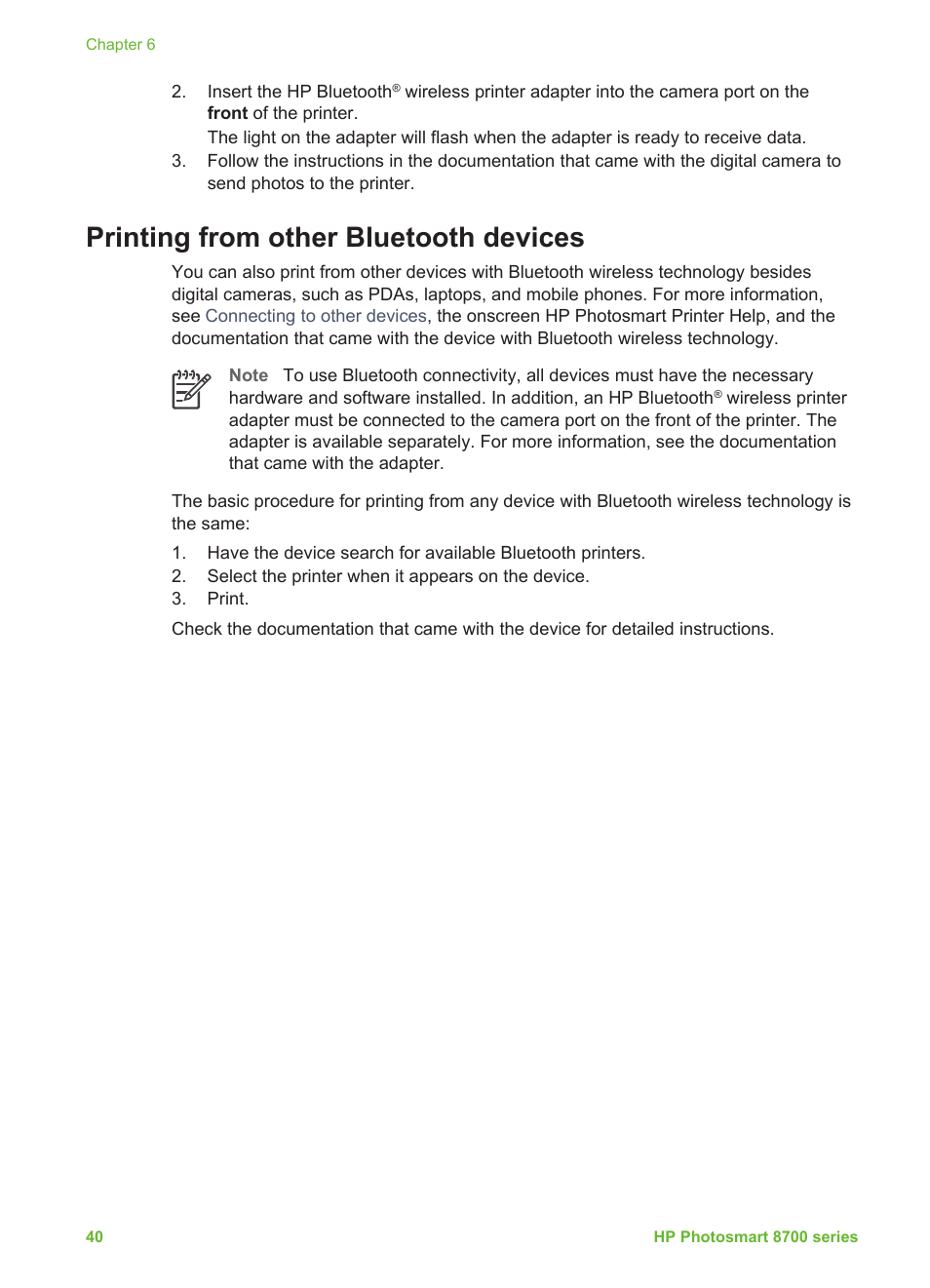Printing from other bluetooth devices | HP Photosmart 8750 Professional Photo Printer User Manual | Page 44 / 83