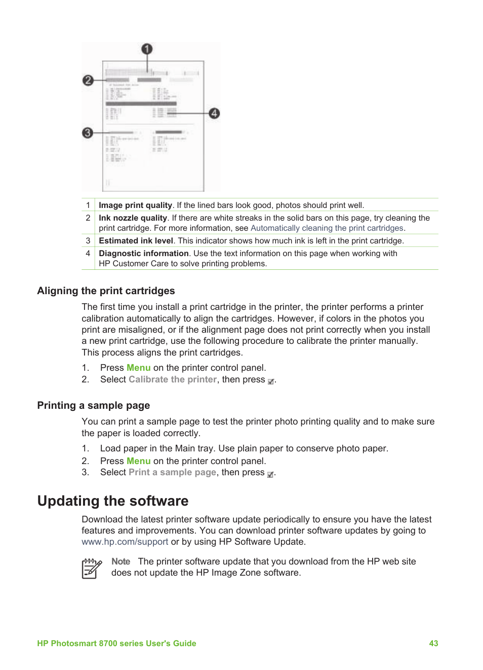 Aligning the print cartridges, Updating the software | HP Photosmart 8750 Professional Photo Printer User Manual | Page 47 / 83