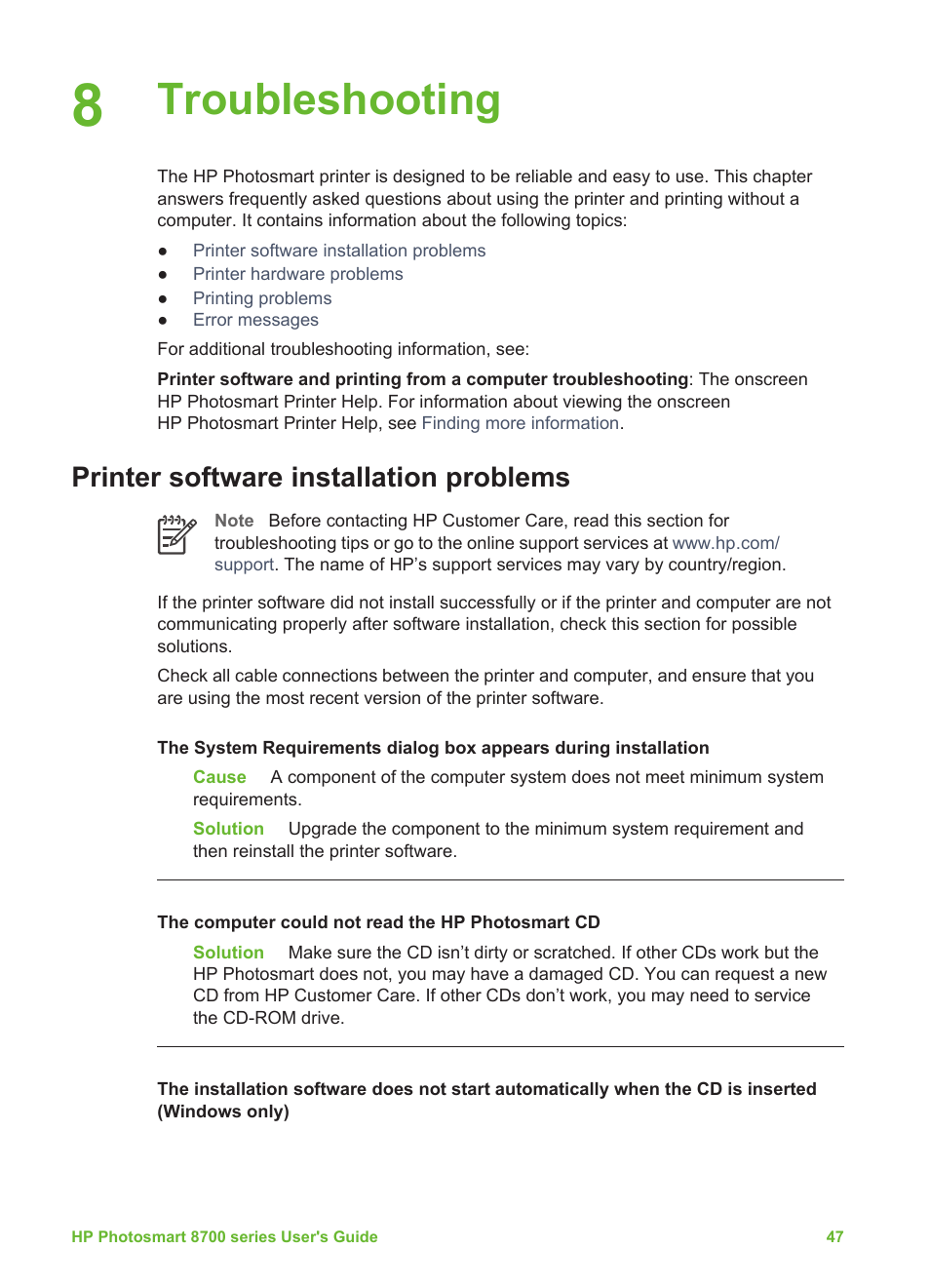 Troubleshooting, Printer software installation problems | HP Photosmart 8750 Professional Photo Printer User Manual | Page 51 / 83