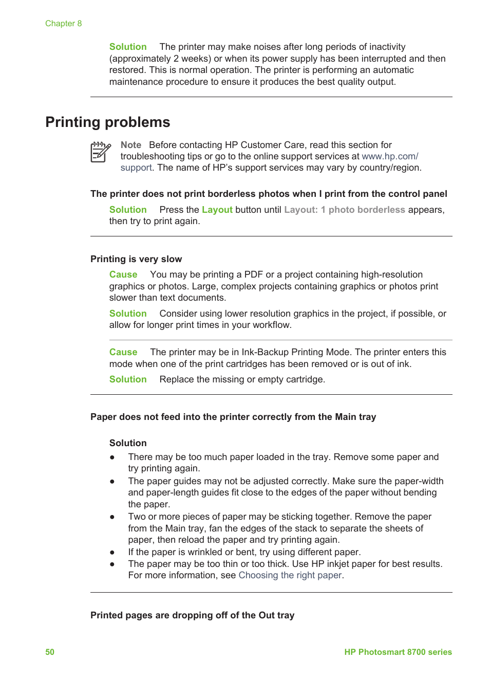 Printing problems | HP Photosmart 8750 Professional Photo Printer User Manual | Page 54 / 83