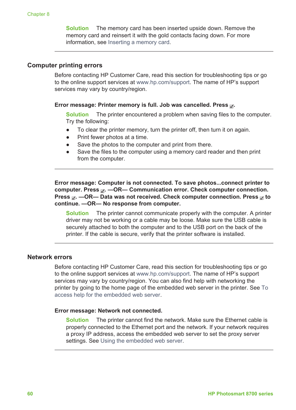 Computer printing errors, Network errors | HP Photosmart 8750 Professional Photo Printer User Manual | Page 64 / 83