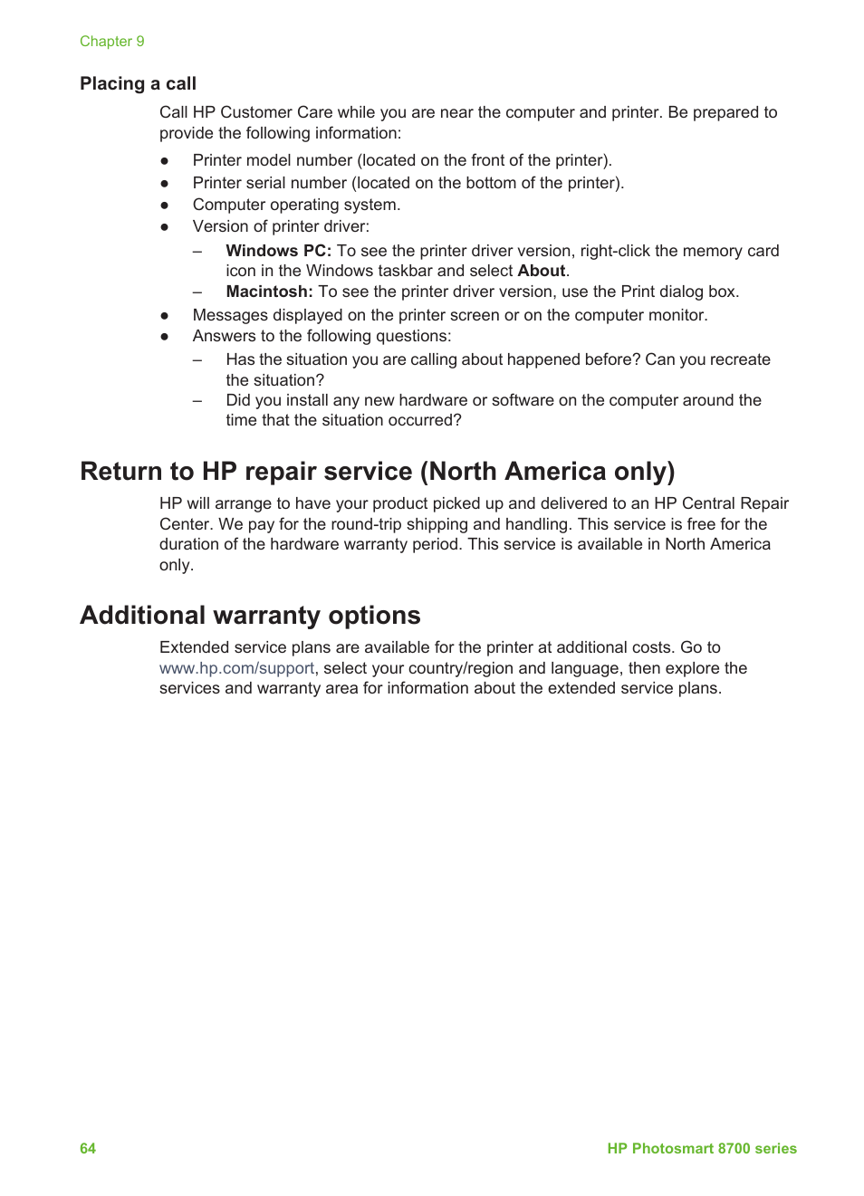 Placing a call, Return to hp repair service (north america only), Additional warranty options | HP Photosmart 8750 Professional Photo Printer User Manual | Page 68 / 83