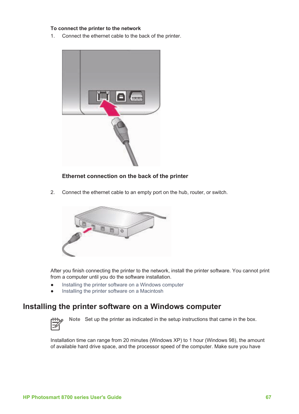 Installing the printer, Software on a windows computer, Installing the printer software on a windows | Computer | HP Photosmart 8750 Professional Photo Printer User Manual | Page 71 / 83