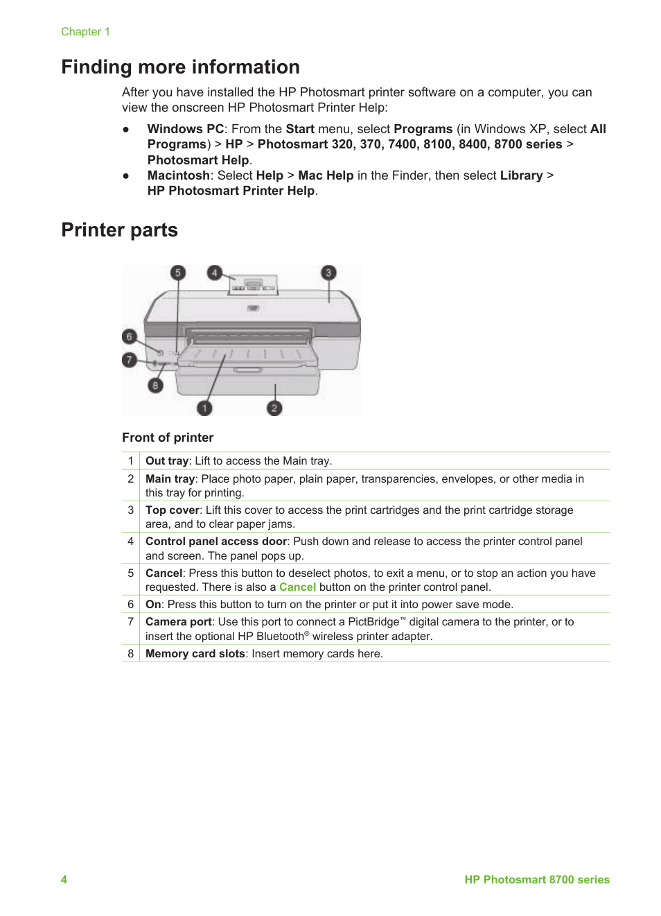 Finding more information, Printer parts, Finding more information printer parts | HP Photosmart 8750 Professional Photo Printer User Manual | Page 8 / 83