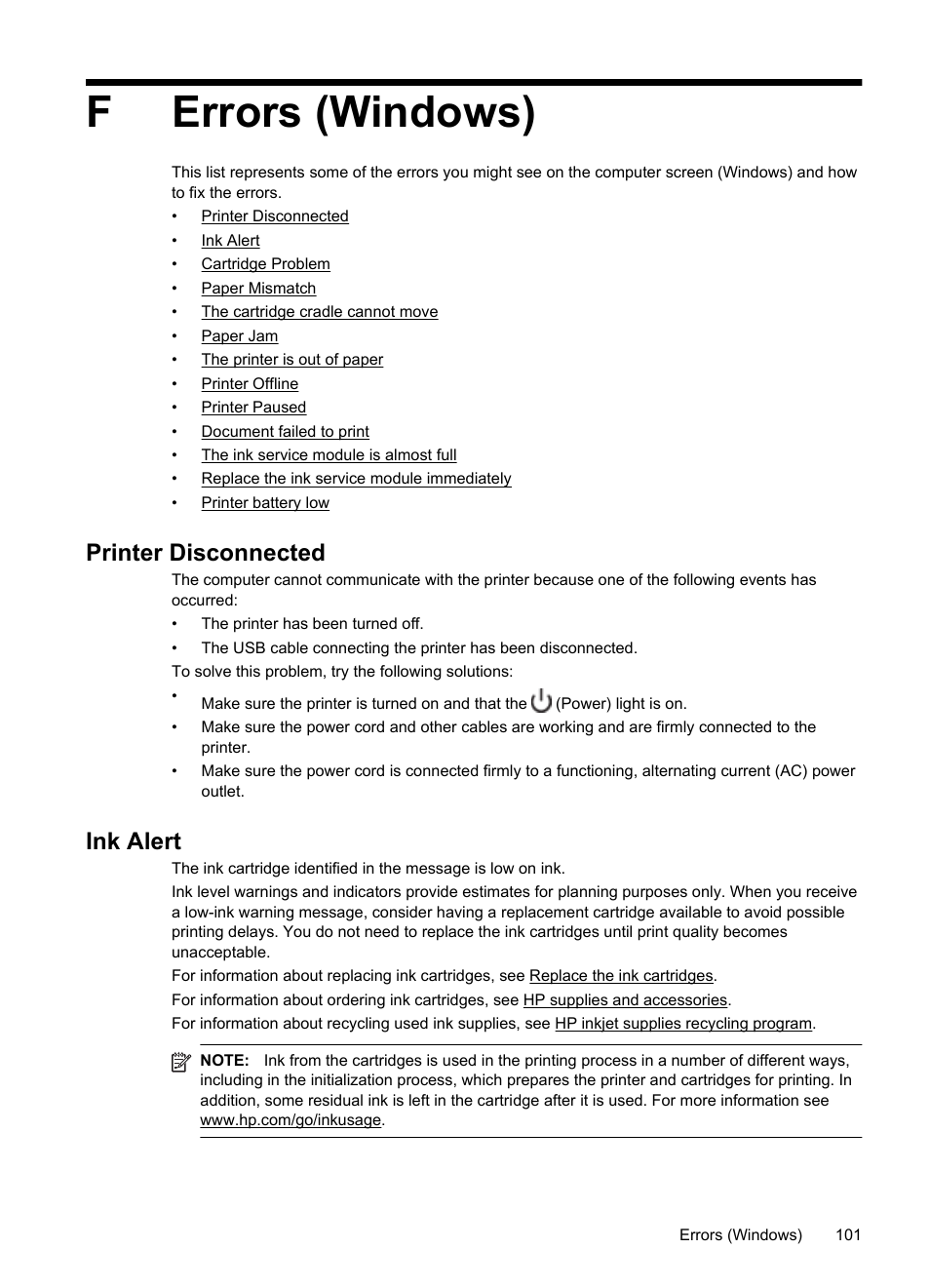 Ferrors (windows), Printer disconnected, Ink alert | HP Officejet 100 Mobile Printer - L411a User Manual | Page 105 / 116