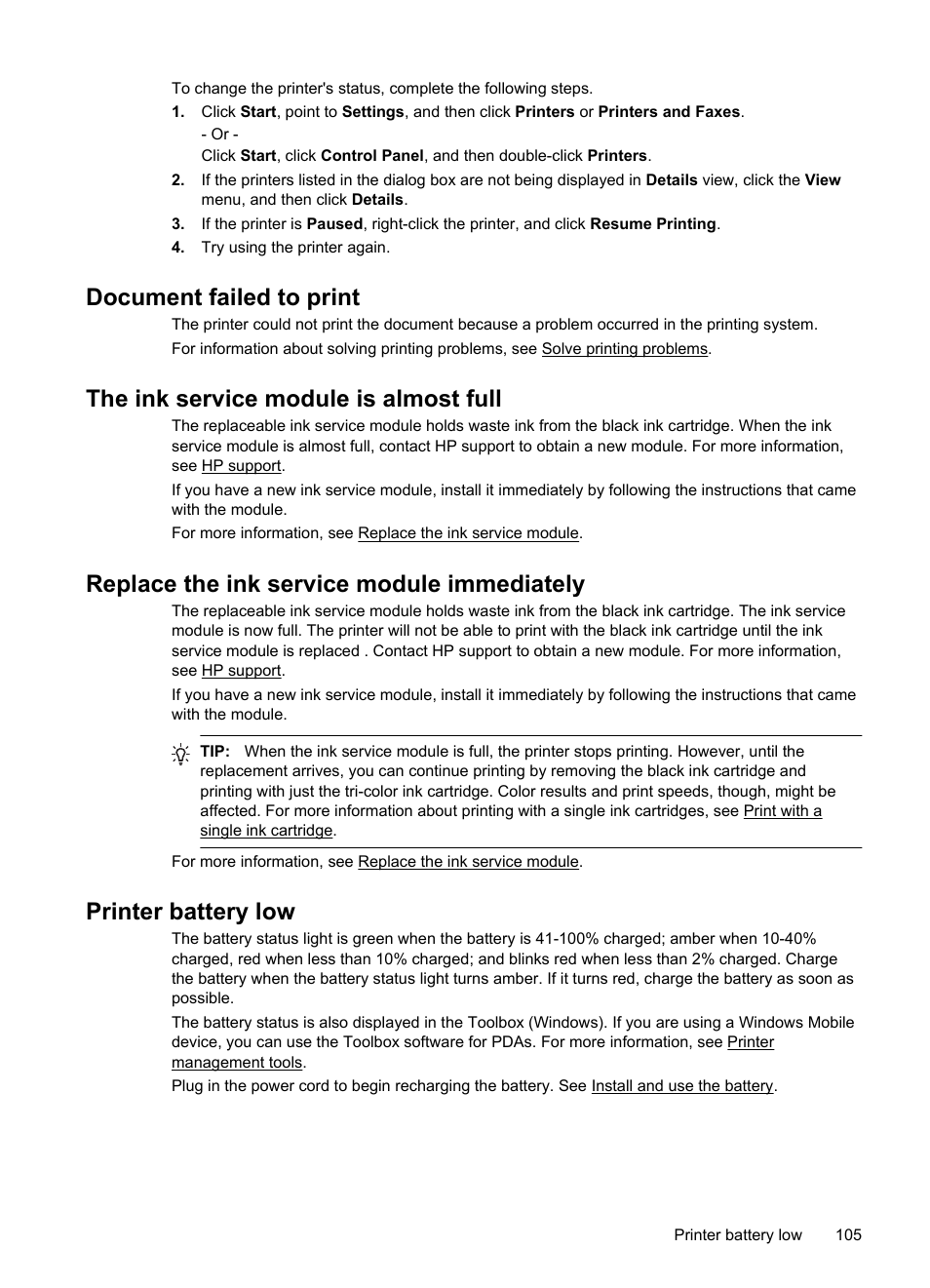 Document failed to print, The ink service module is almost full, Replace the ink service module immediately | Printer battery low | HP Officejet 100 Mobile Printer - L411a User Manual | Page 109 / 116