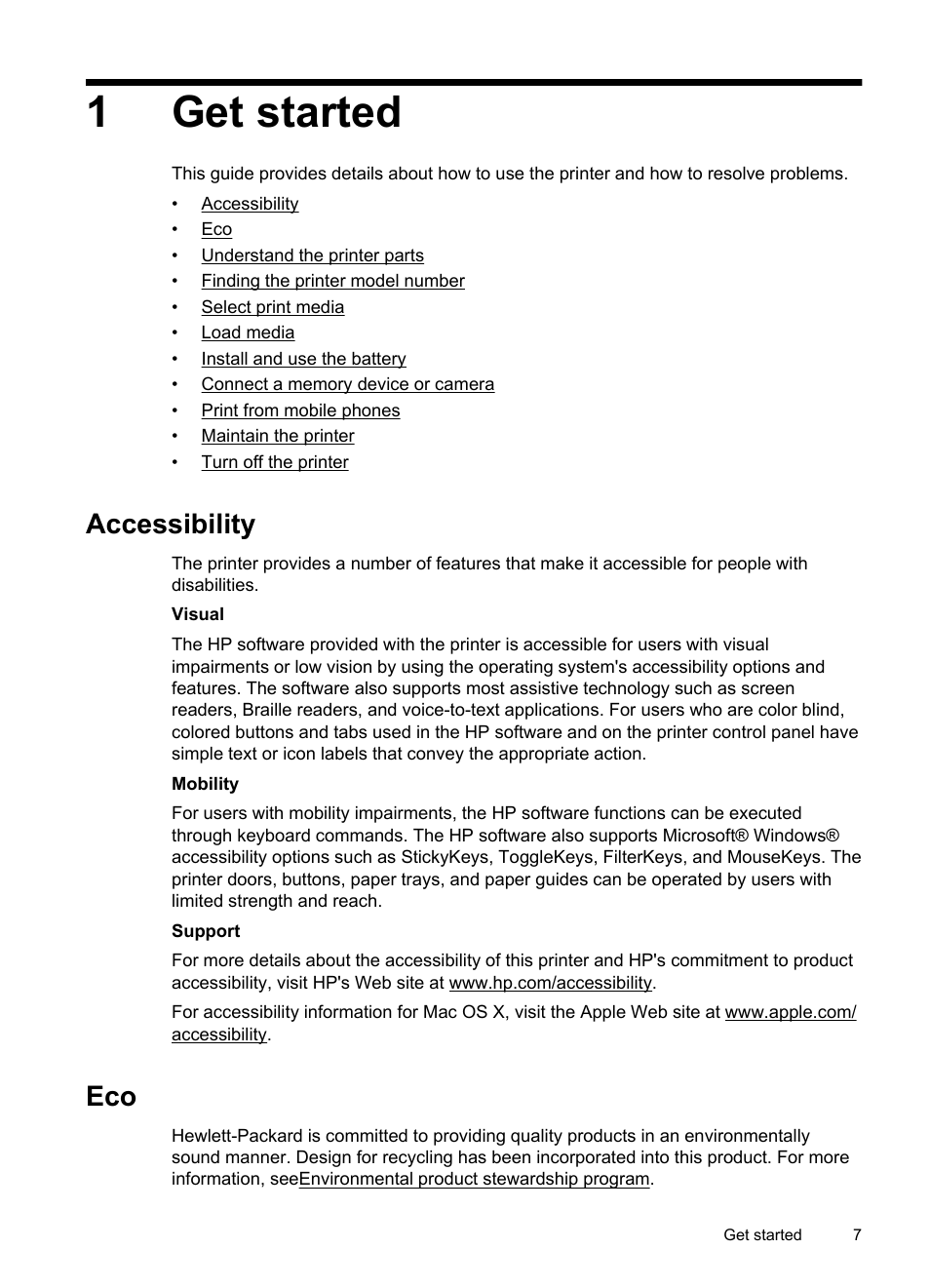 Get started, Accessibility, 1 get started | Accessibility eco, 1get started | HP Officejet 100 Mobile Printer - L411a User Manual | Page 11 / 116