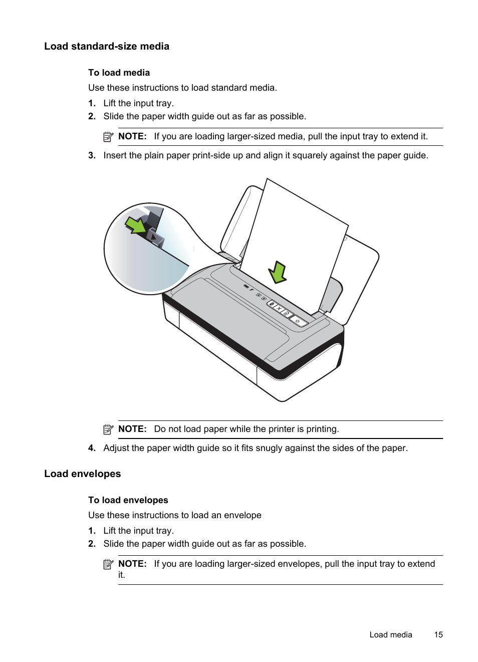 Load standard-size media, Load envelopes | HP Officejet 100 Mobile Printer - L411a User Manual | Page 19 / 116