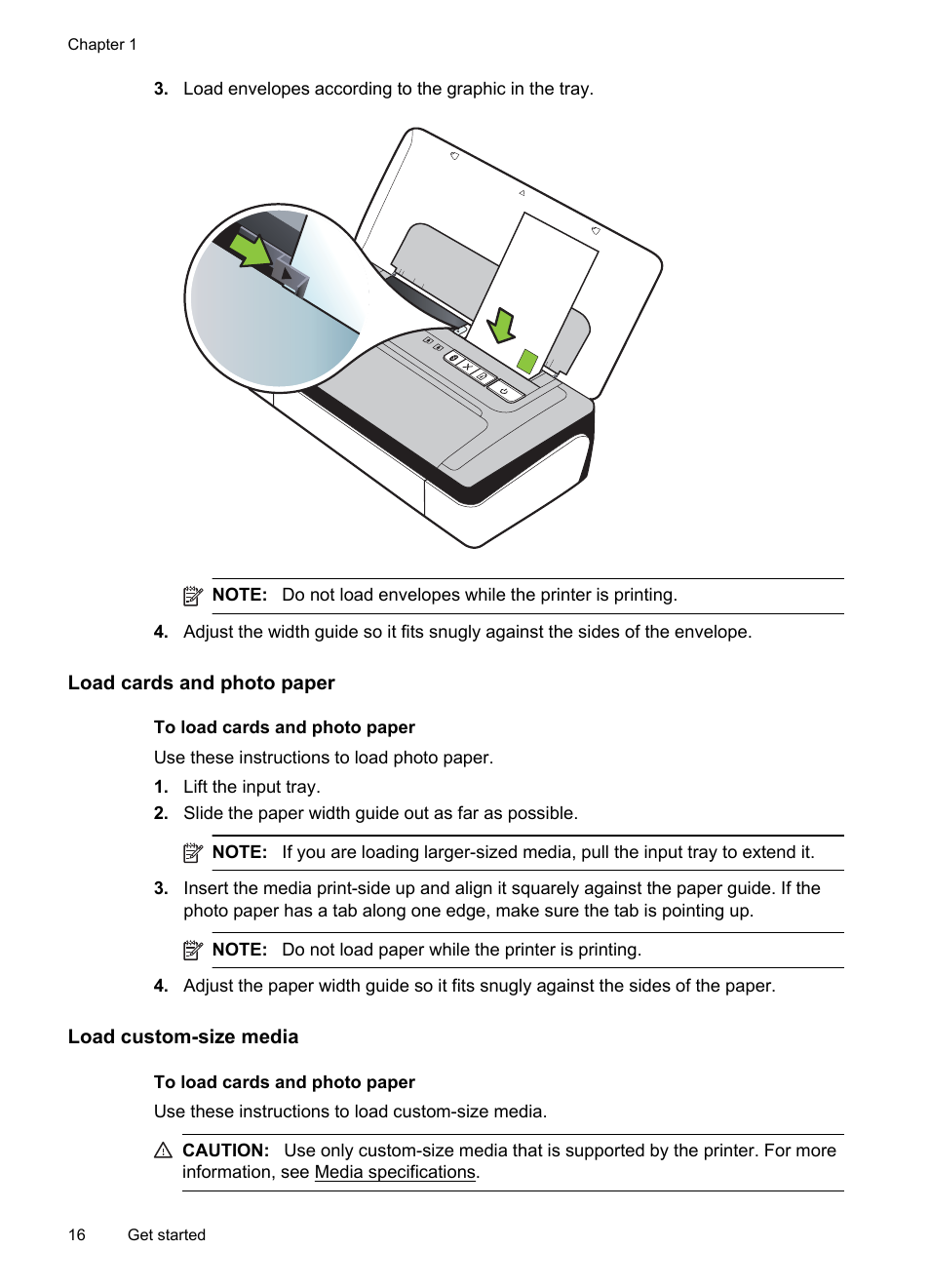 Load cards and photo paper, Load custom-size media | HP Officejet 100 Mobile Printer - L411a User Manual | Page 20 / 116