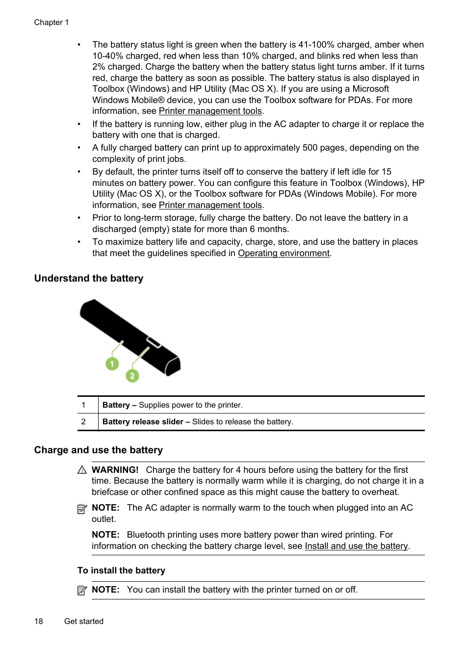 Understand the battery, Charge and use the battery | HP Officejet 100 Mobile Printer - L411a User Manual | Page 22 / 116