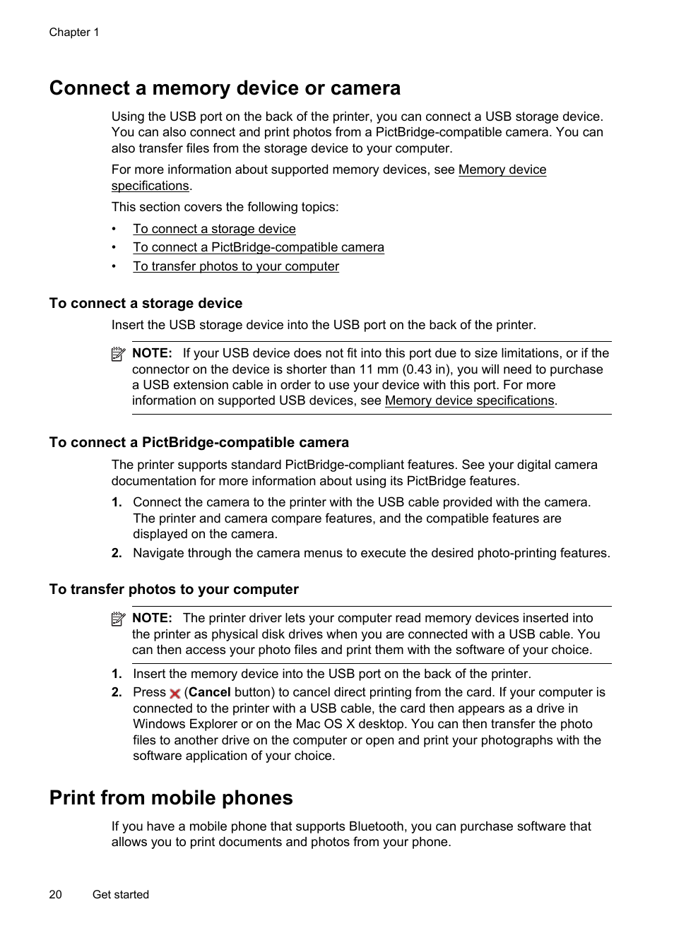 Connect a memory device or camera, To connect a storage device, To connect a pictbridge-compatible camera | To transfer photos to your computer, Print from mobile phones | HP Officejet 100 Mobile Printer - L411a User Manual | Page 24 / 116