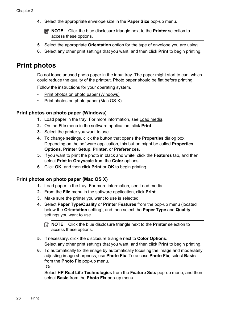 Print photos, Print photos on photo paper (windows), Print photos on photo paper (mac os x) | HP Officejet 100 Mobile Printer - L411a User Manual | Page 30 / 116