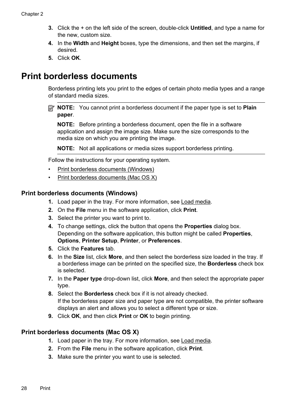 Print borderless documents, Print borderless documents (windows), Print borderless documents (mac os x) | HP Officejet 100 Mobile Printer - L411a User Manual | Page 32 / 116