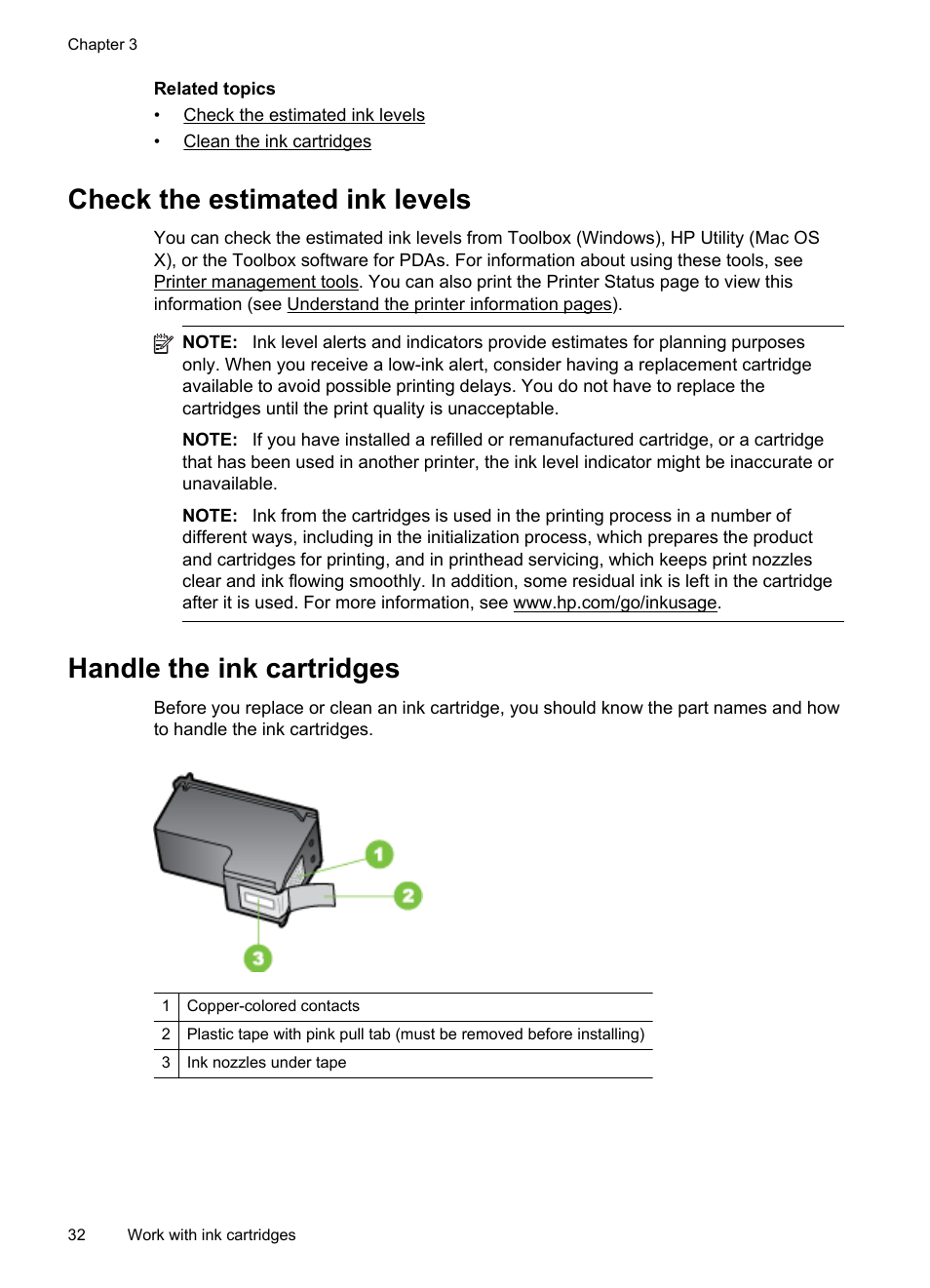 Check the estimated ink levels, Handle the ink cartridges | HP Officejet 100 Mobile Printer - L411a User Manual | Page 36 / 116