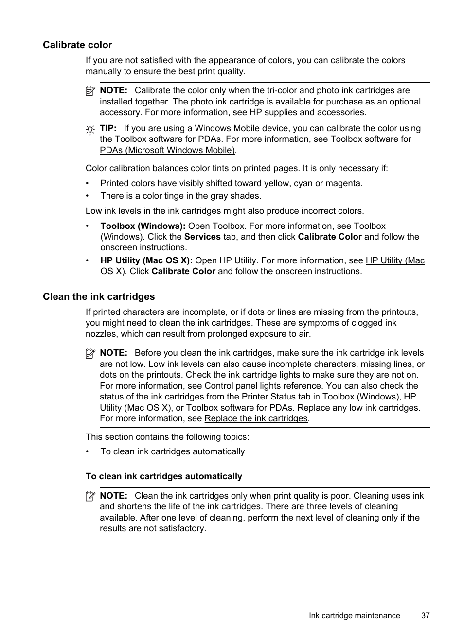 Calibrate color, Clean the ink cartridges, To clean ink cartridges automatically | HP Officejet 100 Mobile Printer - L411a User Manual | Page 41 / 116