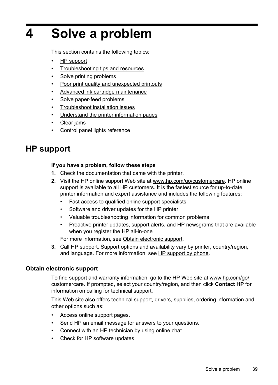 Solve a problem, Hp support, Obtain electronic support | 4 solve a problem, Obtain electronic support hp support by phone, 4solve a problem | HP Officejet 100 Mobile Printer - L411a User Manual | Page 43 / 116