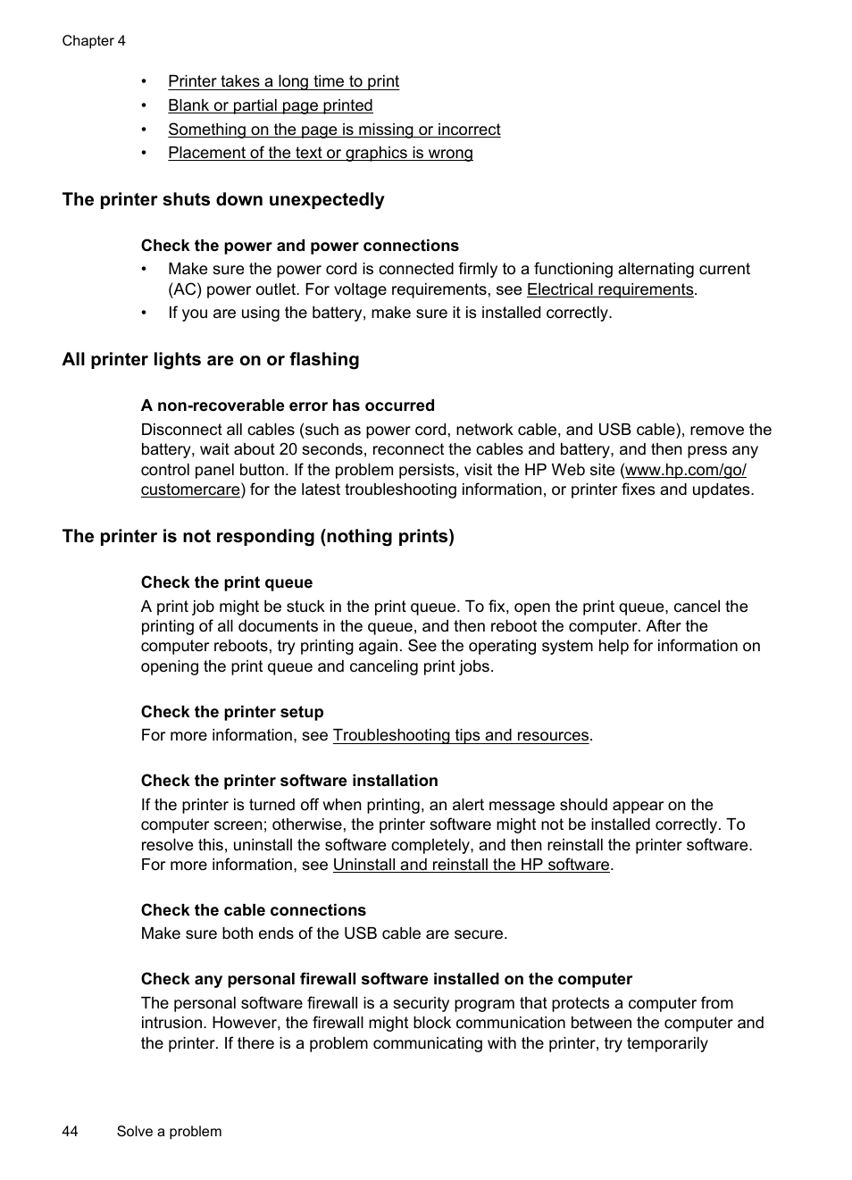 The printer shuts down unexpectedly, All printer lights are on or flashing, The printer is not responding (nothing prints) | HP Officejet 100 Mobile Printer - L411a User Manual | Page 48 / 116