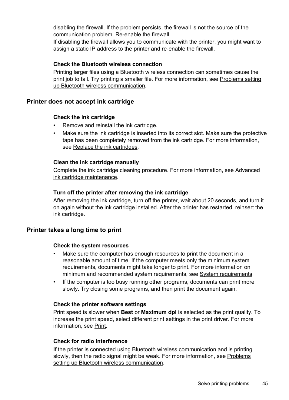 Printer does not accept ink cartridge, Printer takes a long time to print | HP Officejet 100 Mobile Printer - L411a User Manual | Page 49 / 116