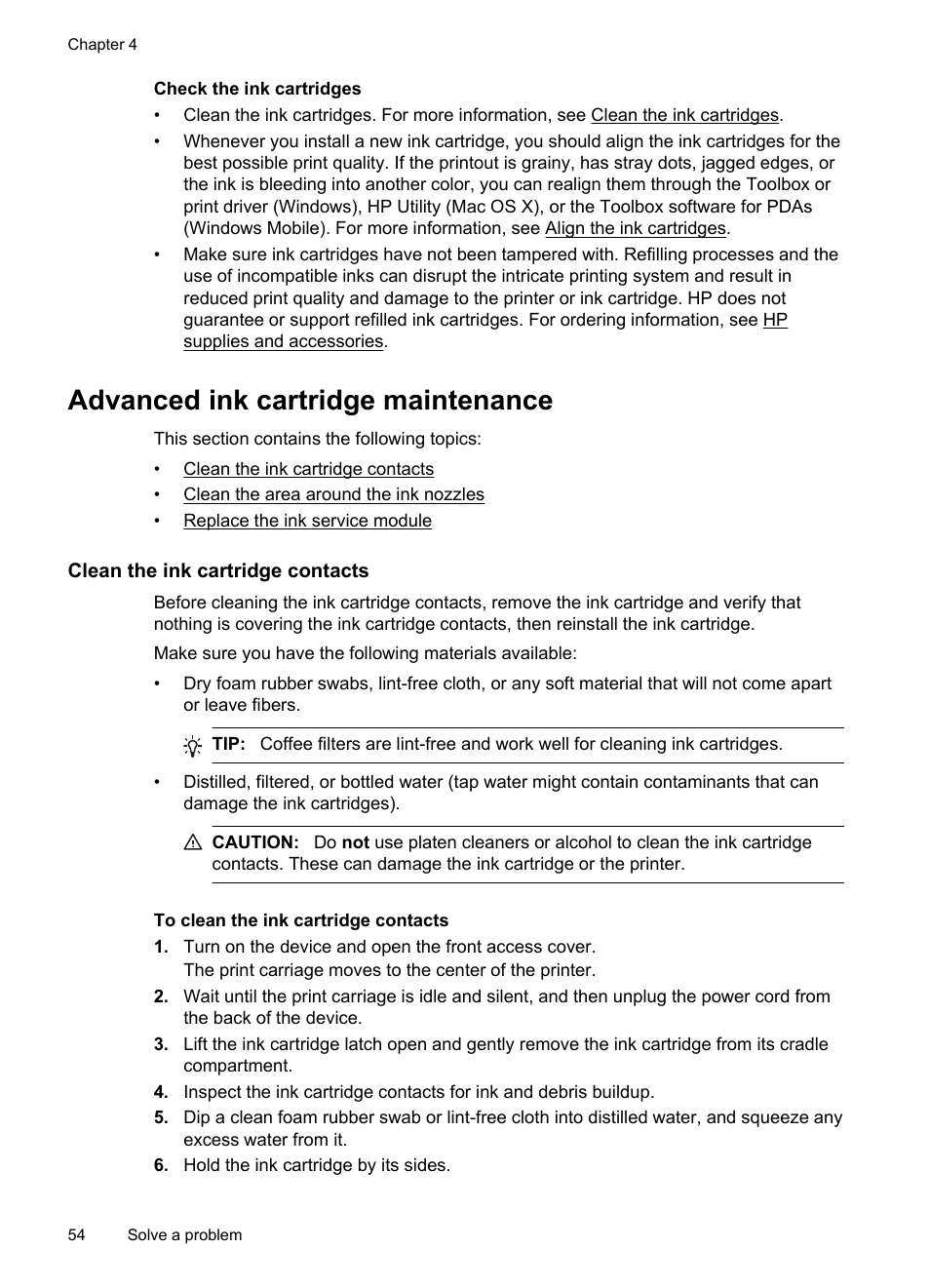 Advanced ink cartridge maintenance, Clean the ink cartridge contacts | HP Officejet 100 Mobile Printer - L411a User Manual | Page 58 / 116