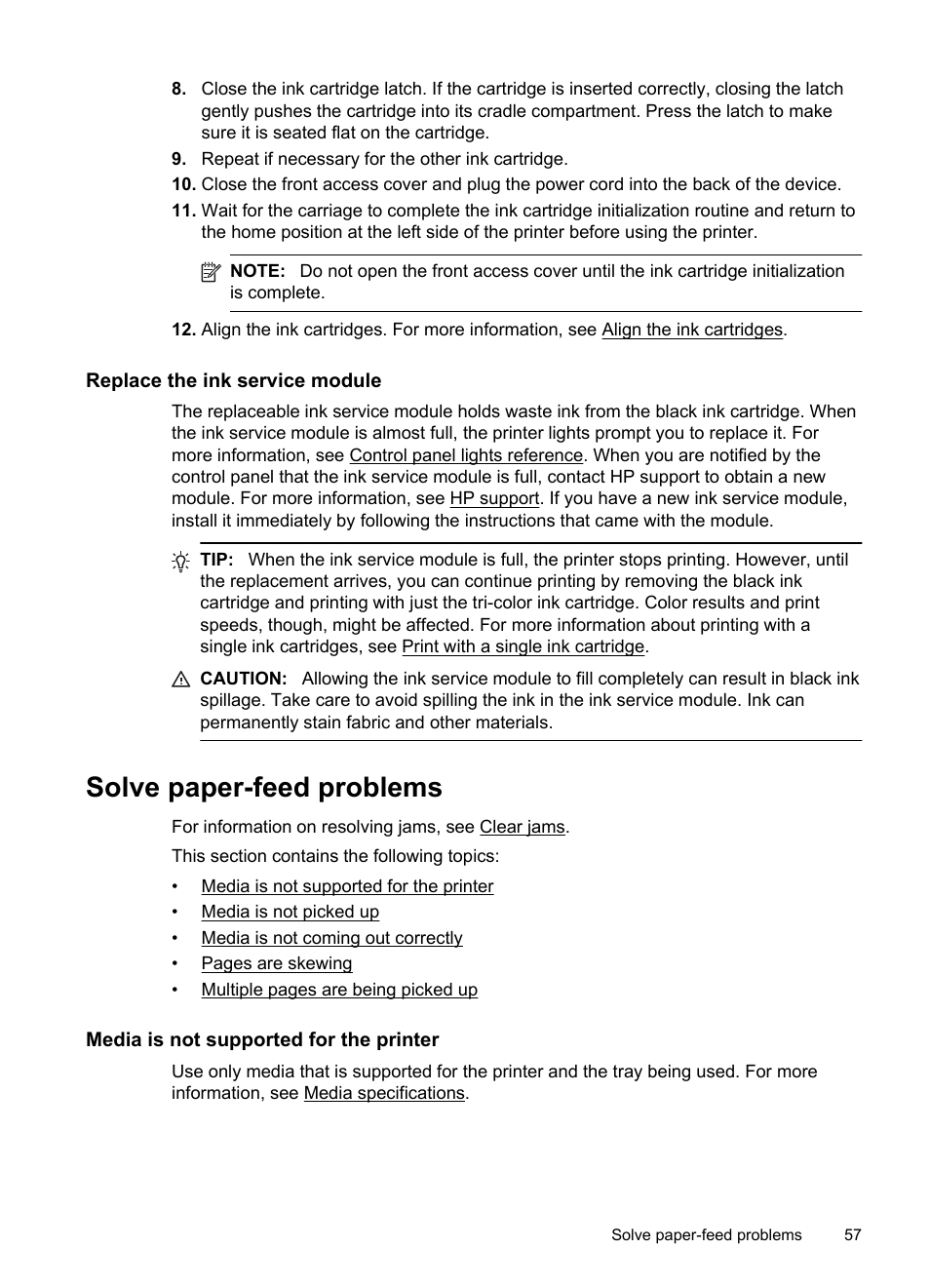 Replace the ink service module, Solve paper-feed problems, Media is not supported for the printer | HP Officejet 100 Mobile Printer - L411a User Manual | Page 61 / 116