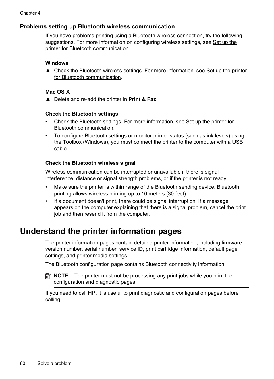 Check the bluetooth settings, Check the bluetooth wireless signal, Understand the printer information pages | HP Officejet 100 Mobile Printer - L411a User Manual | Page 64 / 116