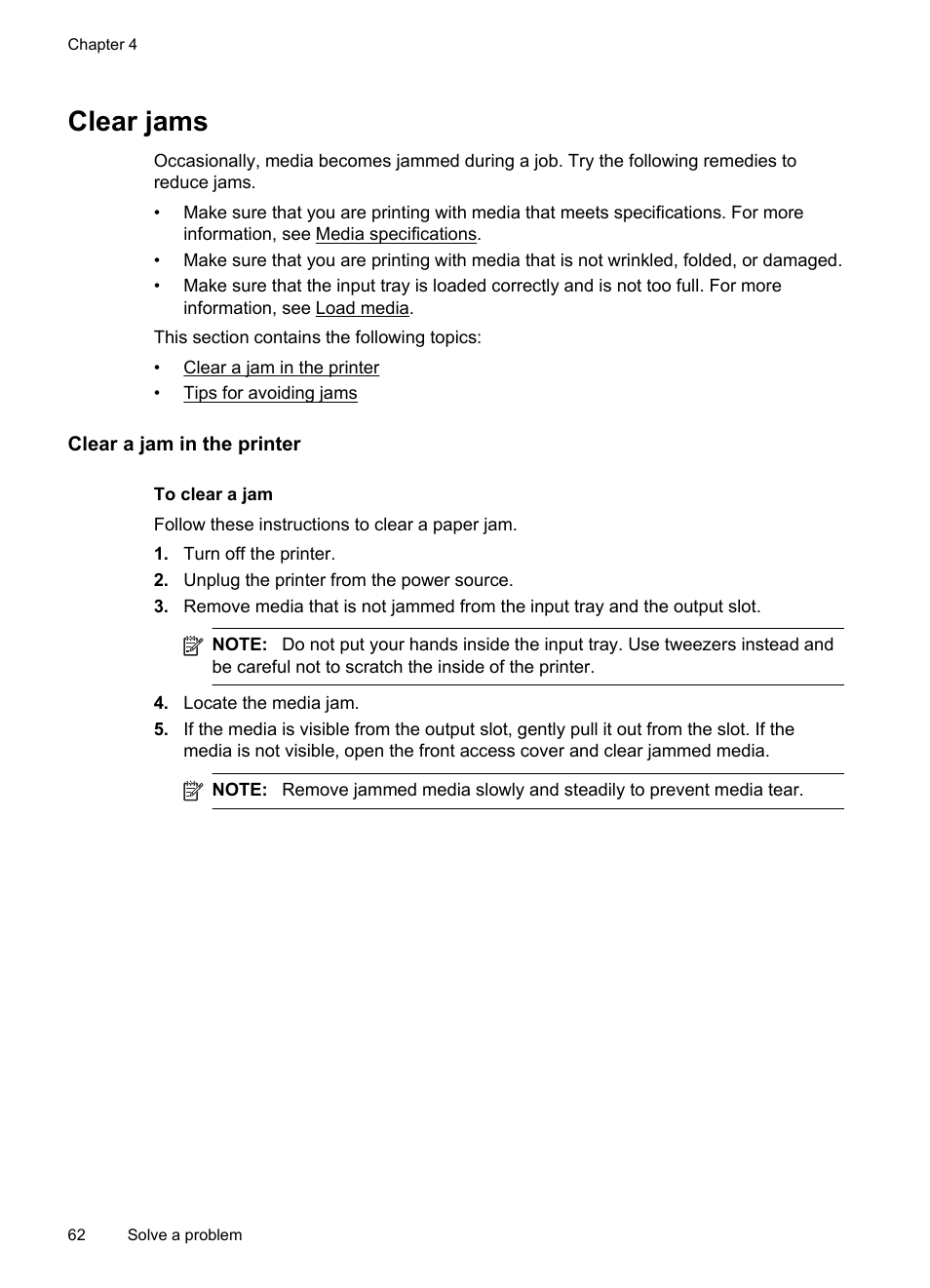 Clear jams, Clear a jam in the printer, Clear a jam in the printer tips for avoiding jams | E clear jams | HP Officejet 100 Mobile Printer - L411a User Manual | Page 66 / 116