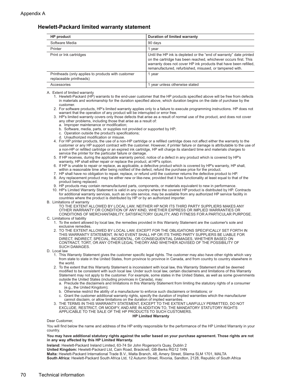 Hewlett-packard limited warranty statement, Appendix a 70 technical information | HP Officejet 100 Mobile Printer - L411a User Manual | Page 74 / 116