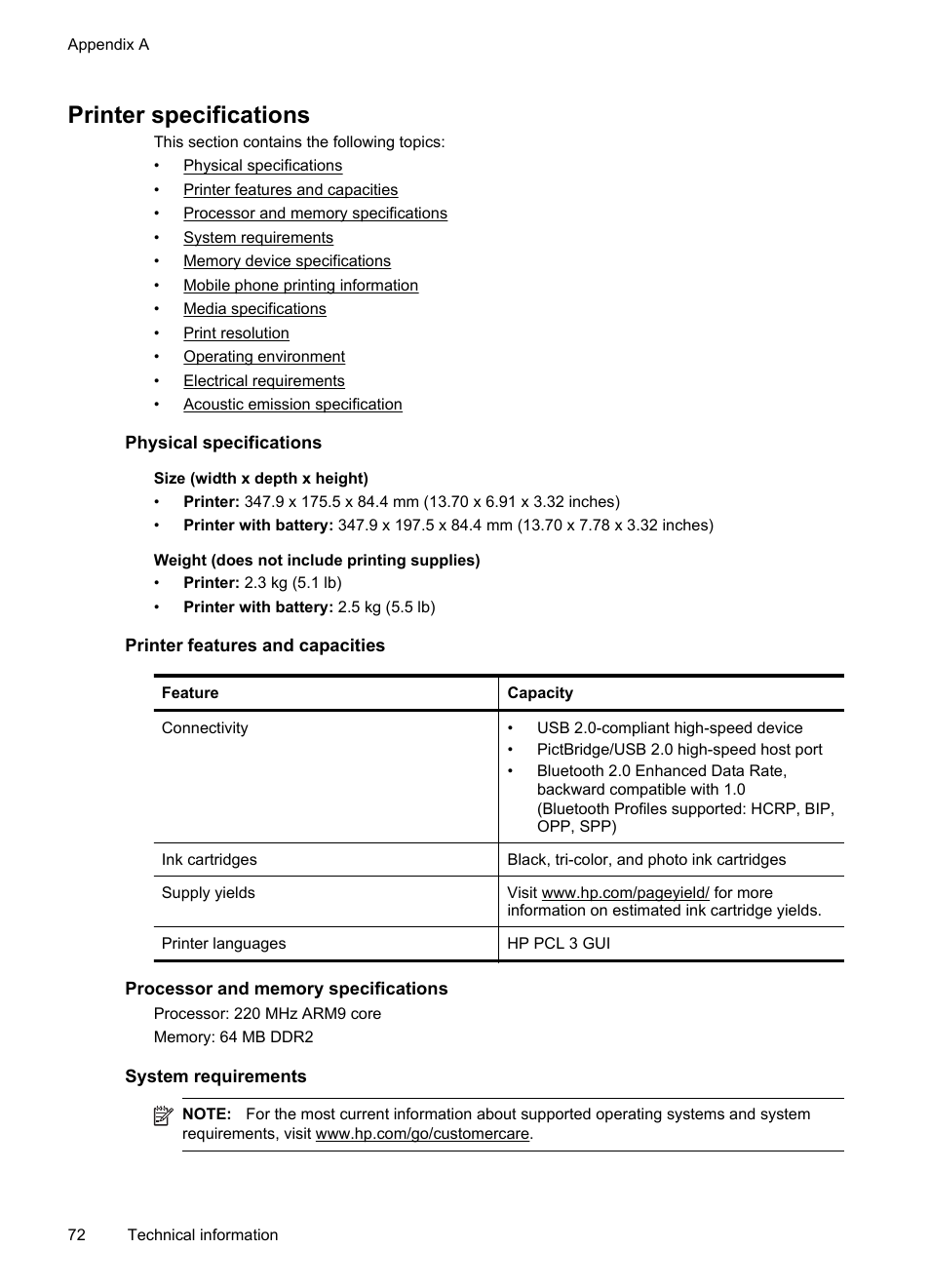 Printer specifications, Physical specifications, Printer features and capacities | Processor and memory specifications, System requirements, E system requirements | HP Officejet 100 Mobile Printer - L411a User Manual | Page 76 / 116