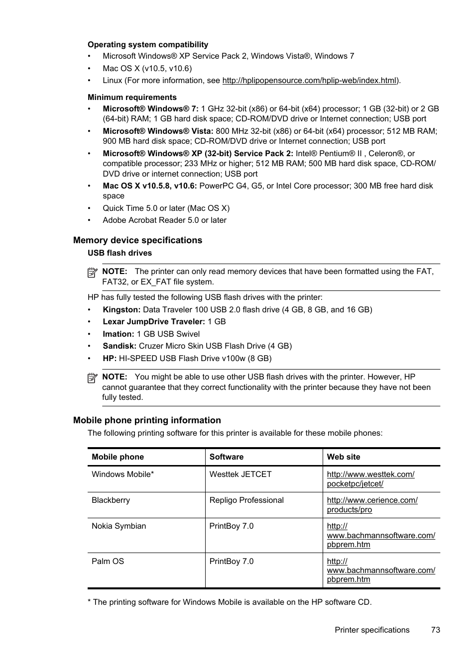 Memory device specifications, Mobile phone printing information | HP Officejet 100 Mobile Printer - L411a User Manual | Page 77 / 116