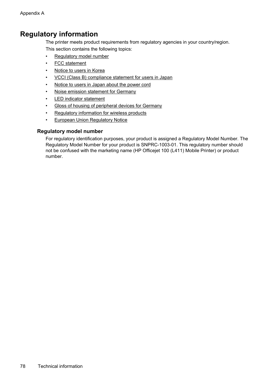 Regulatory information, Regulatory model number, European union regulatory notice | HP Officejet 100 Mobile Printer - L411a User Manual | Page 82 / 116