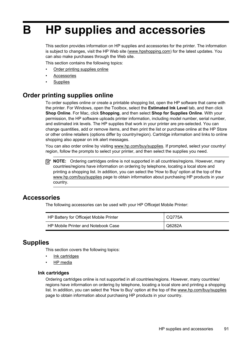 Hp supplies and accessories, Order printing supplies online, Accessories | Supplies, Ink cartridges, B hp supplies and accessories, Ink cartridges hp media, See hp supplies and accessories, Hp supplies and accessories an, Bhp supplies and accessories | HP Officejet 100 Mobile Printer - L411a User Manual | Page 95 / 116