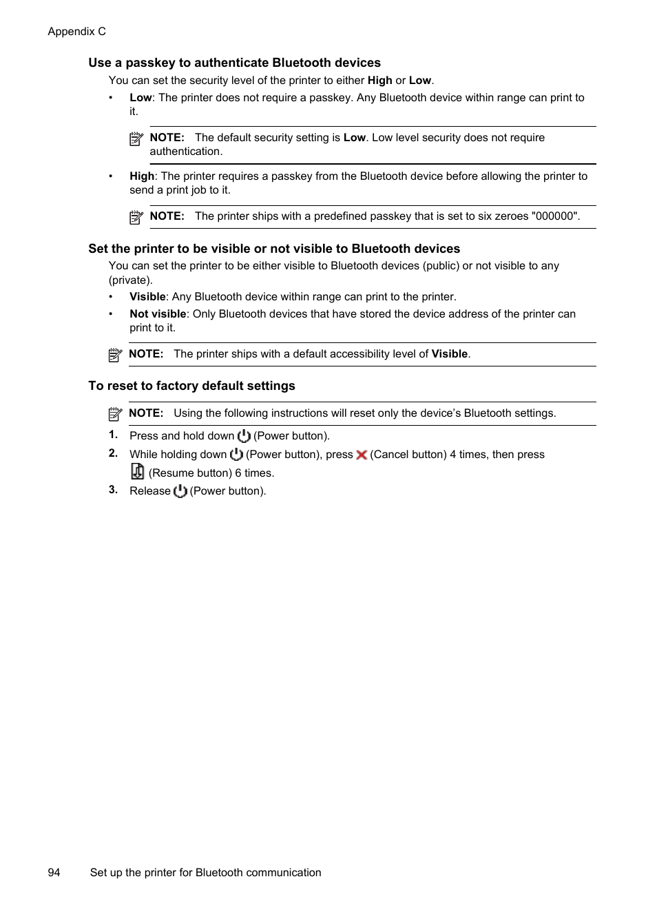 Use a passkey to authenticate bluetooth devices, To reset to factory default settings | HP Officejet 100 Mobile Printer - L411a User Manual | Page 98 / 116