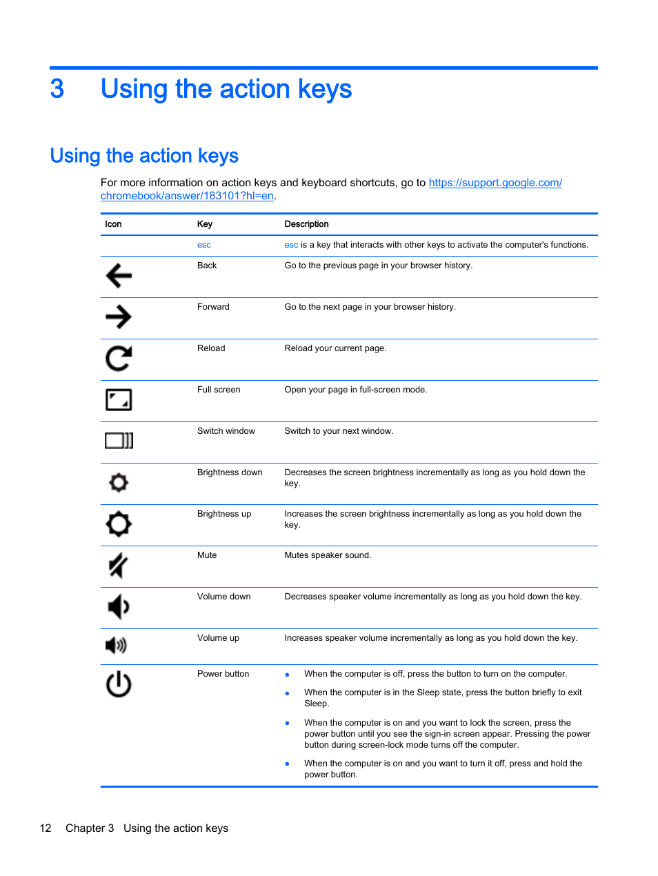 Using the action keys, 3 using the action keys, 3using the action keys | HP Chromebook 11 G2 User Manual | Page 18 / 23