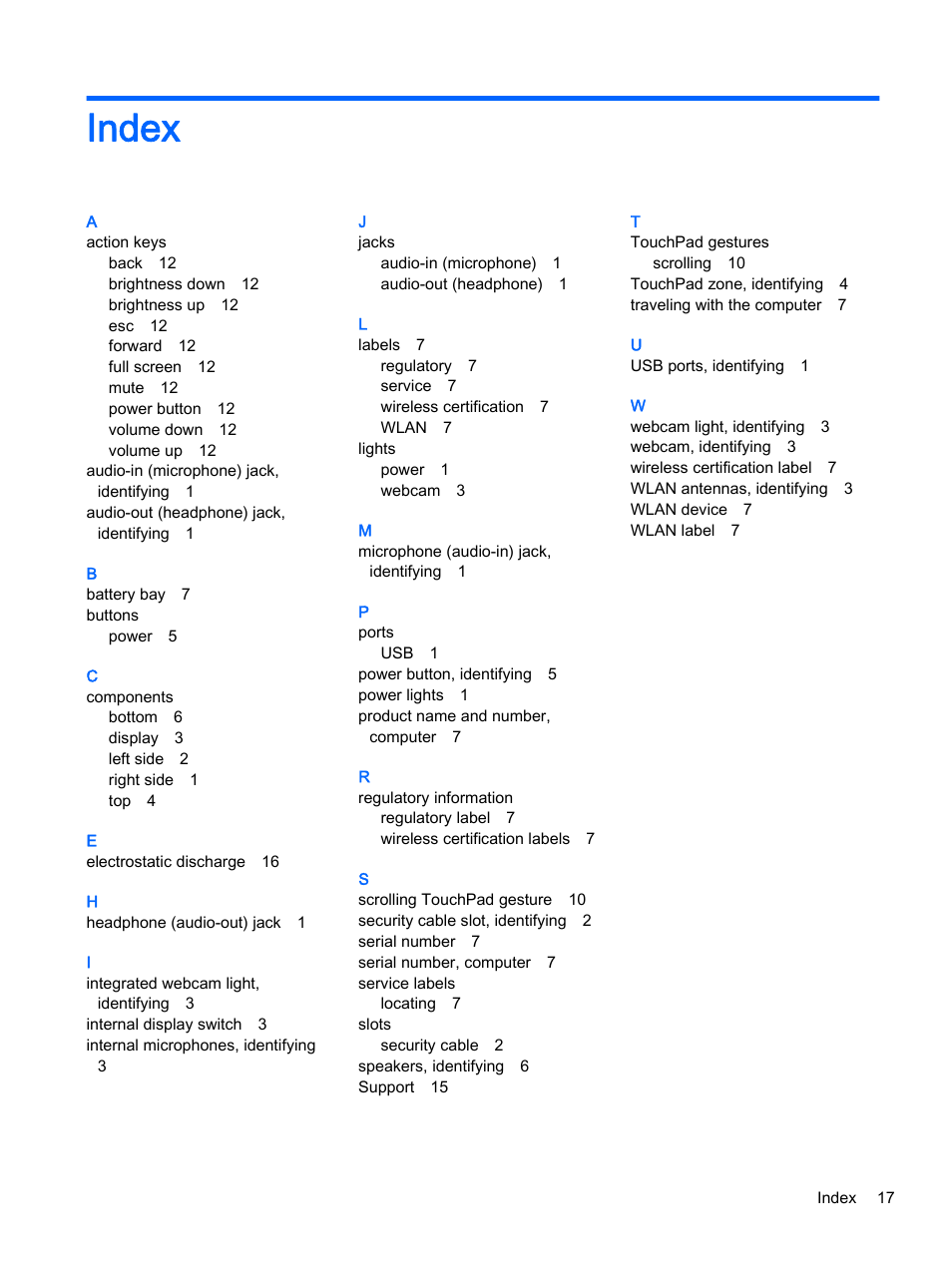 Index | HP Chromebook 11 G2 User Manual | Page 23 / 23