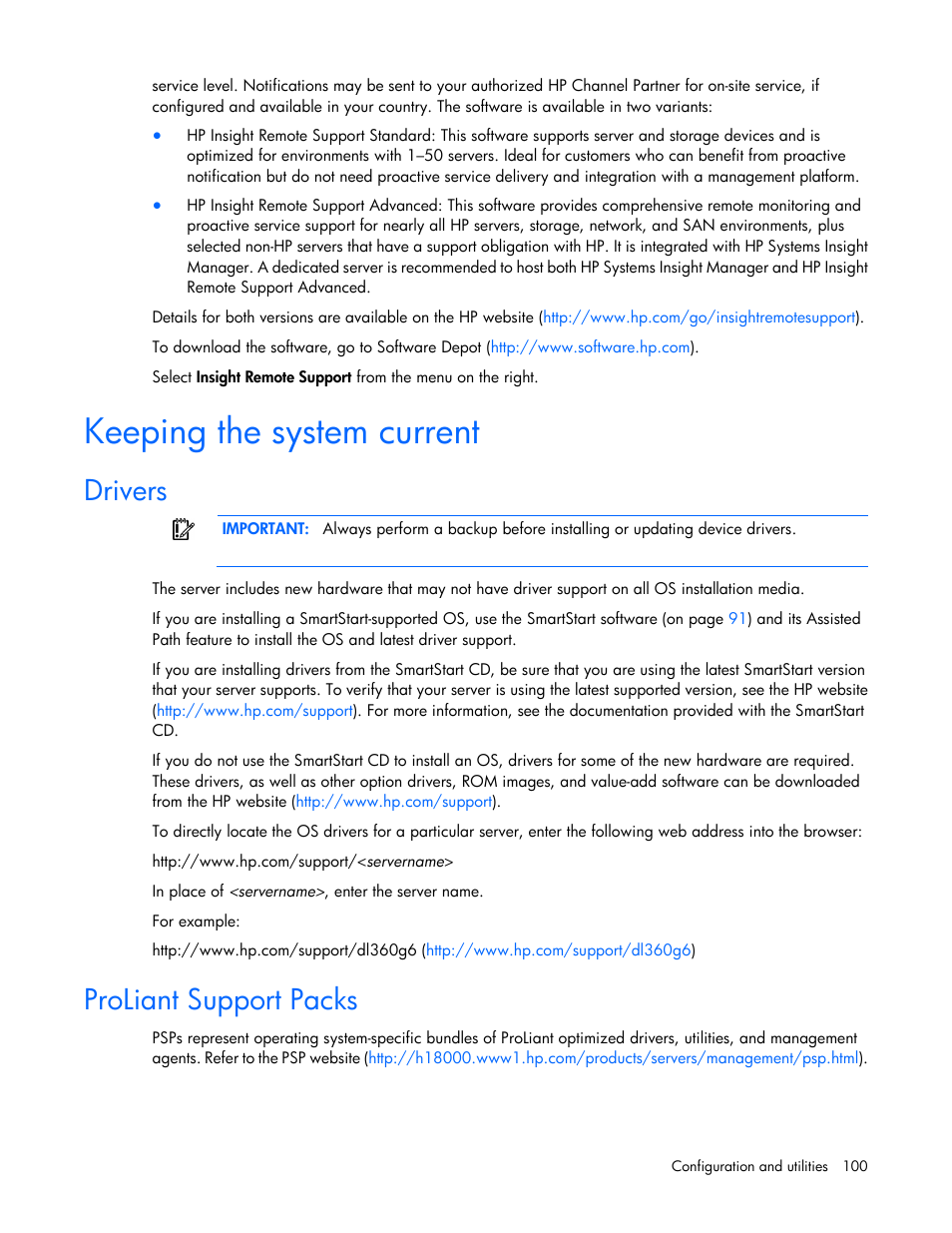 Keeping the system current, Drivers, Proliant support packs | HP ProLiant ML350 G6 Server User Manual | Page 100 / 144