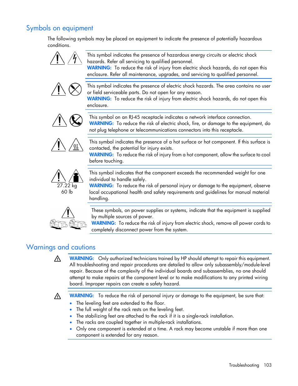 Symbols on equipment, Warnings and cautions | HP ProLiant ML350 G6 Server User Manual | Page 103 / 144