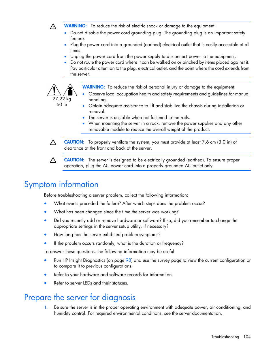 Symptom information, Prepare the server for diagnosis | HP ProLiant ML350 G6 Server User Manual | Page 104 / 144