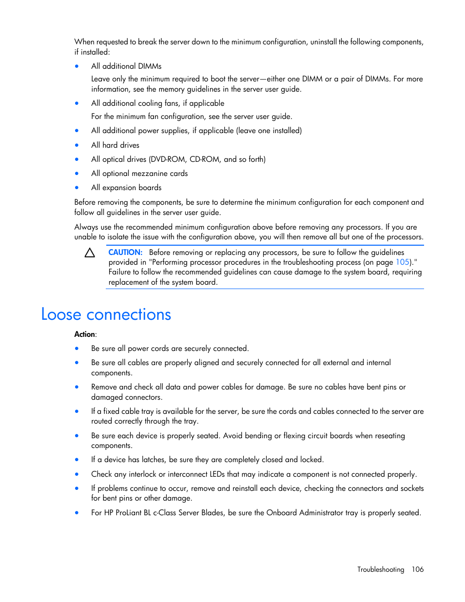 Loose connections | HP ProLiant ML350 G6 Server User Manual | Page 106 / 144