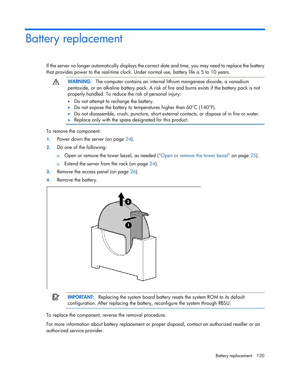 Battery replacement | HP ProLiant ML350 G6 Server User Manual | Page 120 / 144