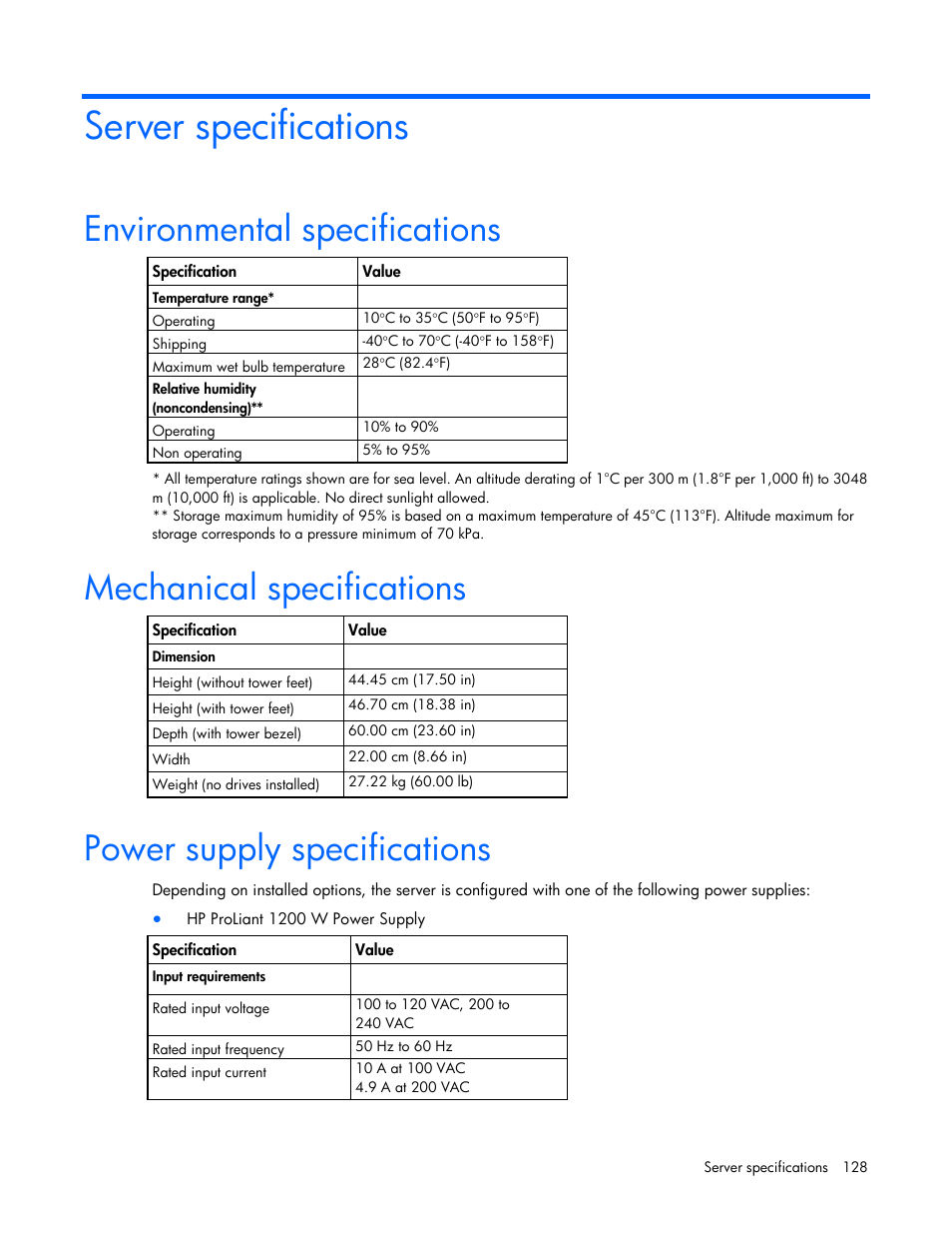 Server specifications, Environmental specifications, Mechanical specifications | Power supply specifications | HP ProLiant ML350 G6 Server User Manual | Page 128 / 144