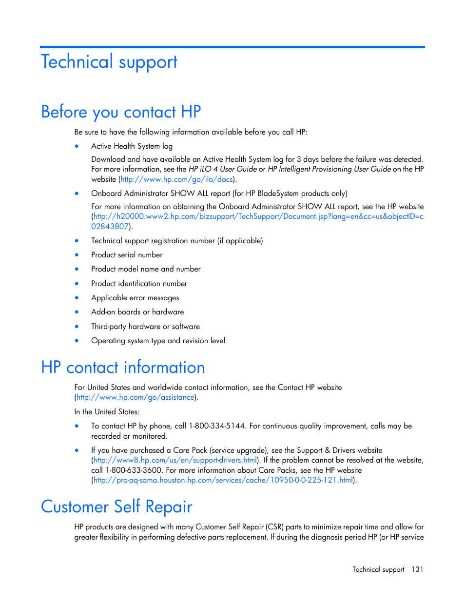 Technical support, Before you contact hp, Hp contact information | Customer self repair | HP ProLiant ML350 G6 Server User Manual | Page 131 / 144