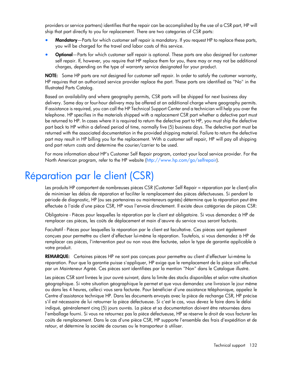 Réparation par le client (csr) | HP ProLiant ML350 G6 Server User Manual | Page 132 / 144