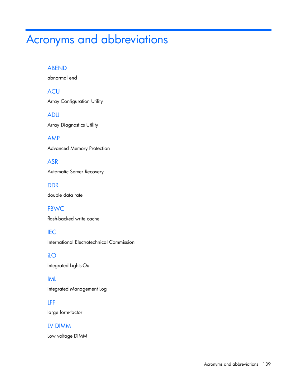 Acronyms and abbreviations | HP ProLiant ML350 G6 Server User Manual | Page 139 / 144