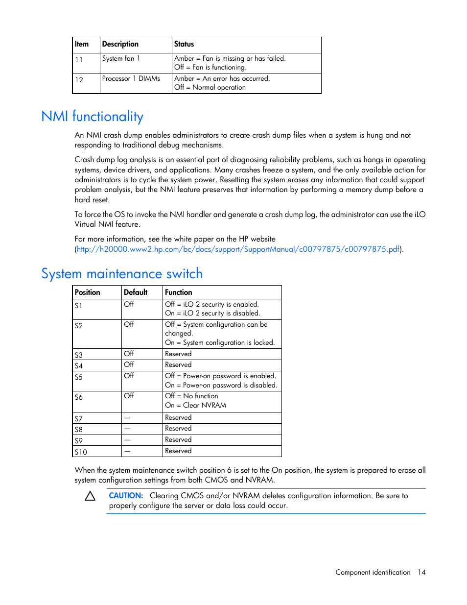 Nmi functionality, System maintenance switch | HP ProLiant ML350 G6 Server User Manual | Page 14 / 144