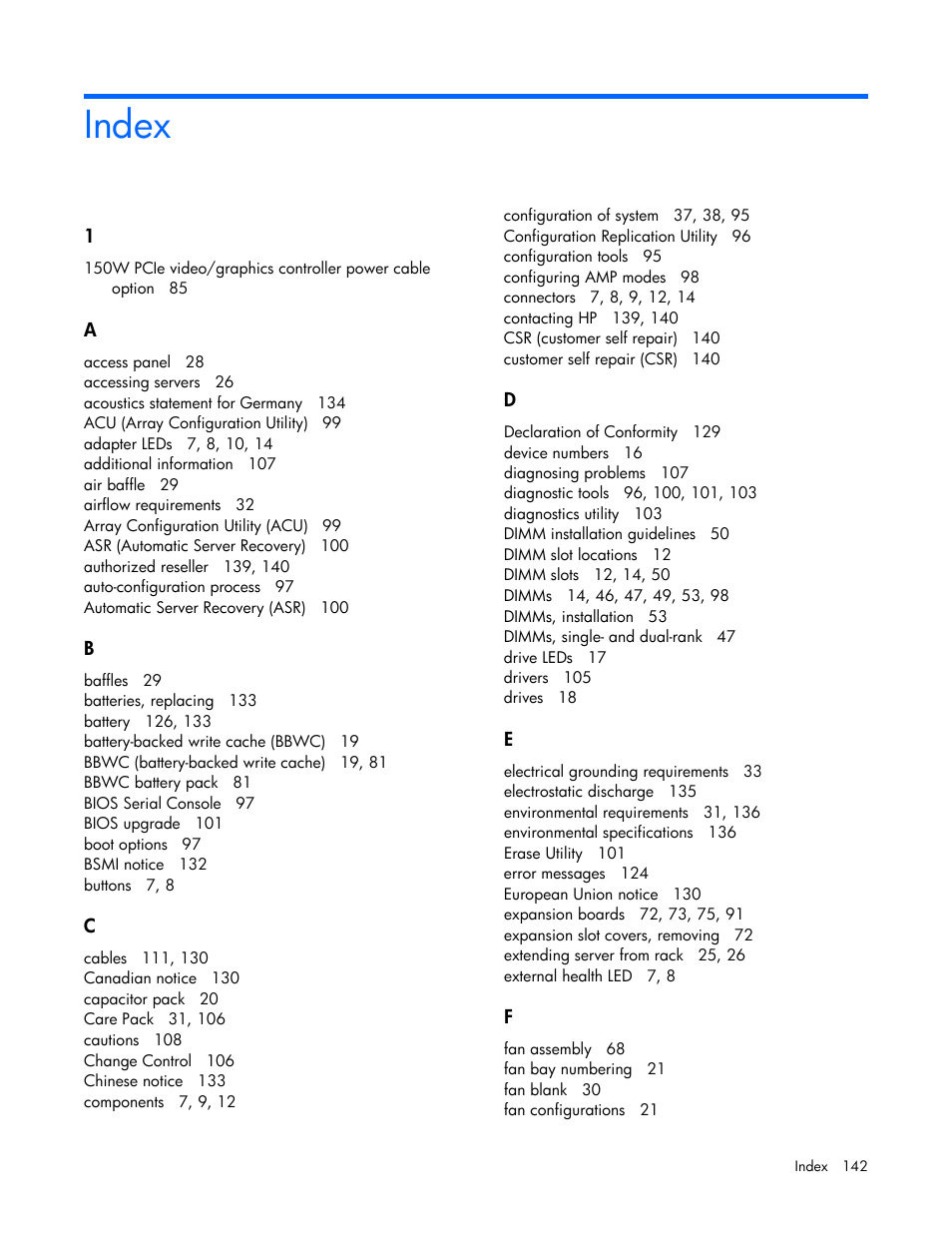 Index | HP ProLiant ML350 G6 Server User Manual | Page 142 / 144