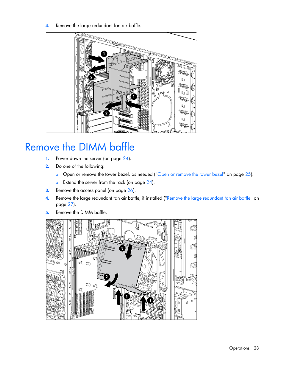 Remove the dimm baffle | HP ProLiant ML350 G6 Server User Manual | Page 28 / 144